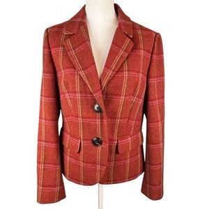 Talbots Plaid Wool Blazer Jacket Rust Burnt Orange Peplum Women's Size 12 Preppy